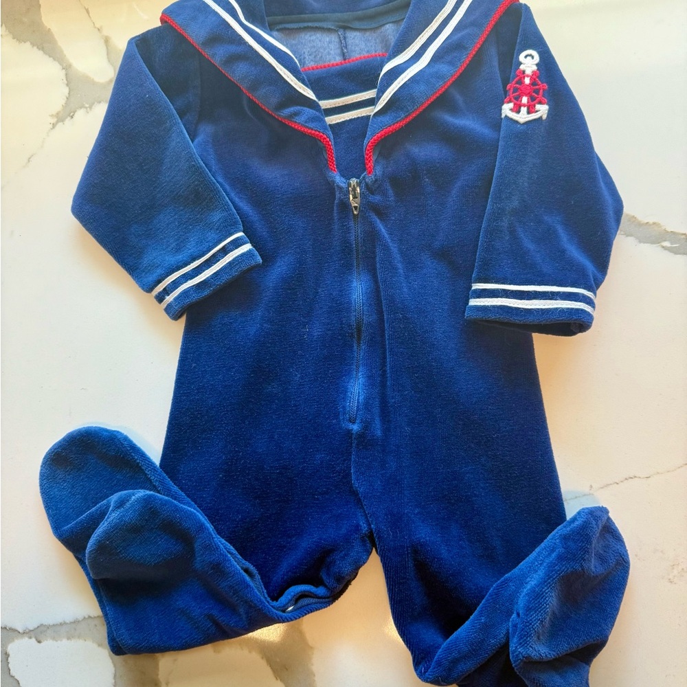 Vintage Petit Jardin Navy Blue Sailor Boys One Piece size medium (3-6 months)